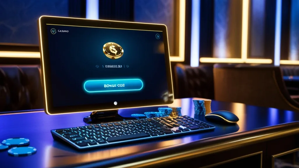 Casino cashier screen with a highlighted promo code field and chips on a dark desk