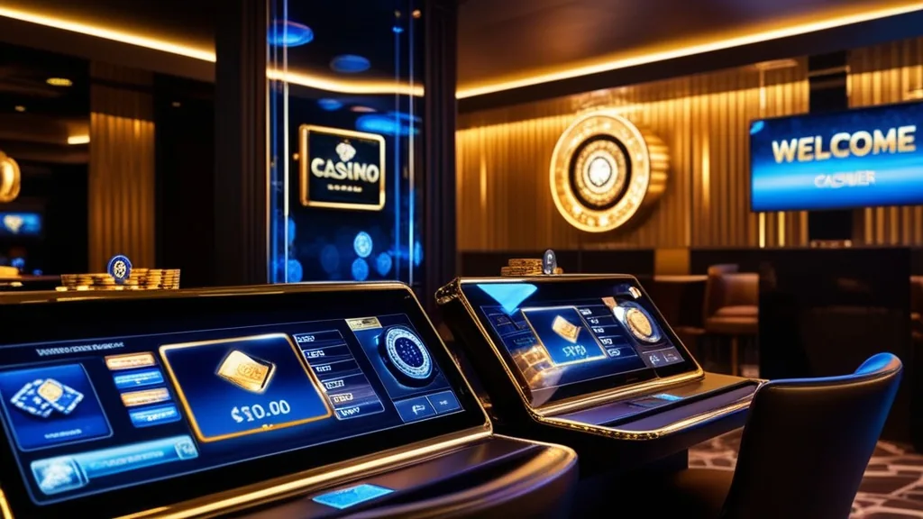 Dark casino screen showing bonus cards, chips, and a welcome offer display