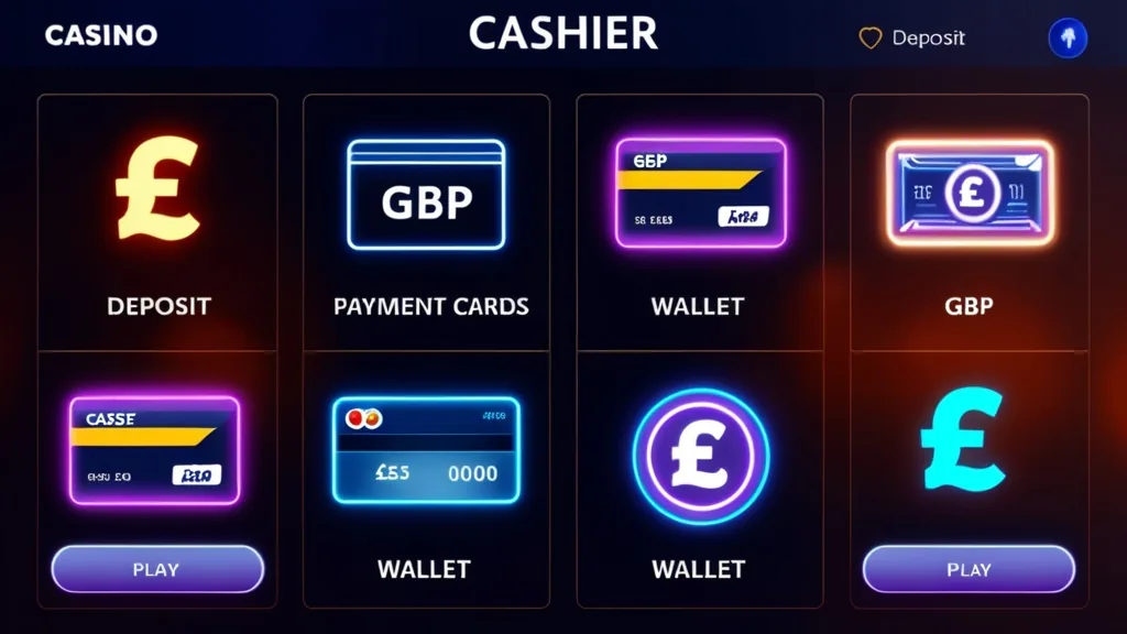 Cashier screen showing deposit methods and currency symbols.
