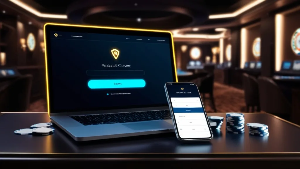 Laptop and smartphone showing a casino login screen in a dark neon setting