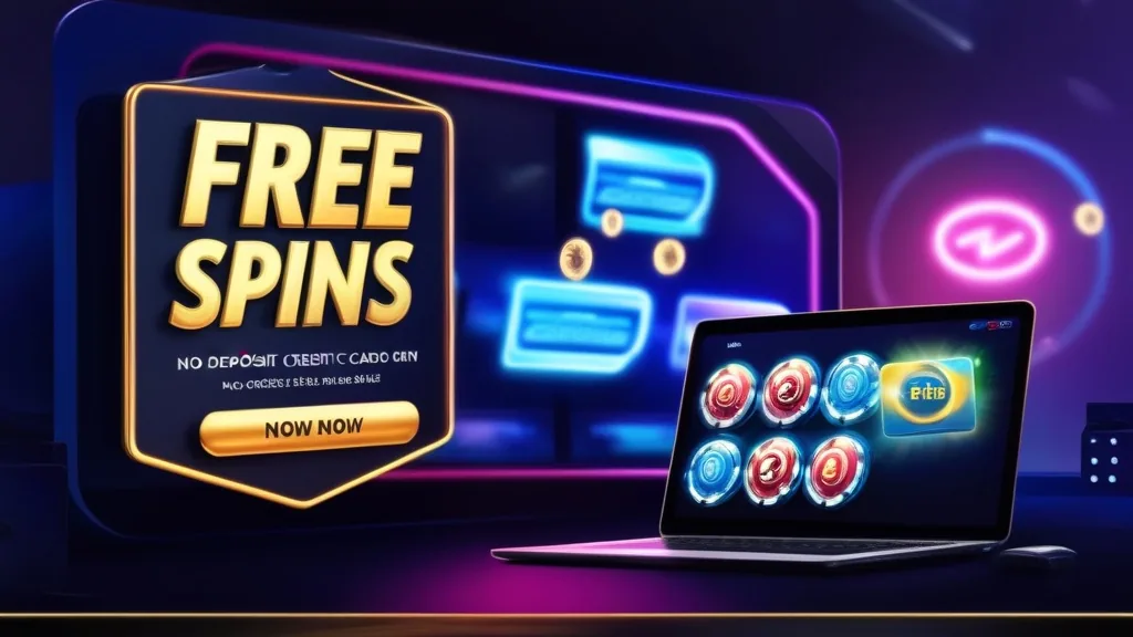 Free spins banner and no-deposit credit glow in a dark casino scene
