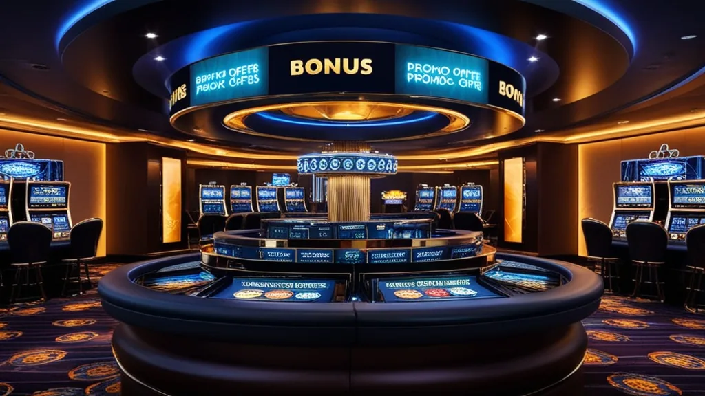 Glowing promotional banners and bonus cards in a dark casino environment