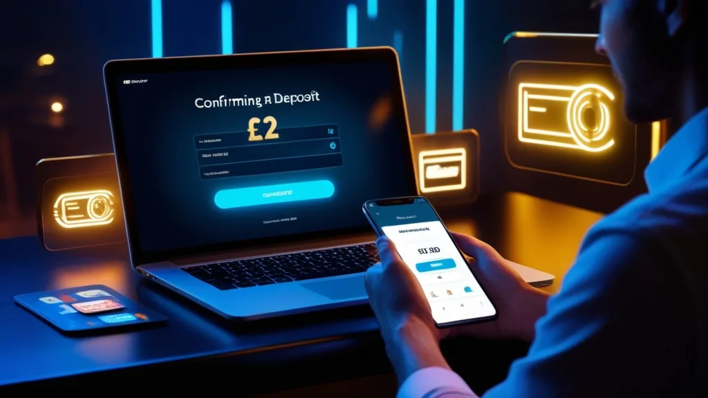 Player confirming a secure casino deposit on a laptop with payment icons.