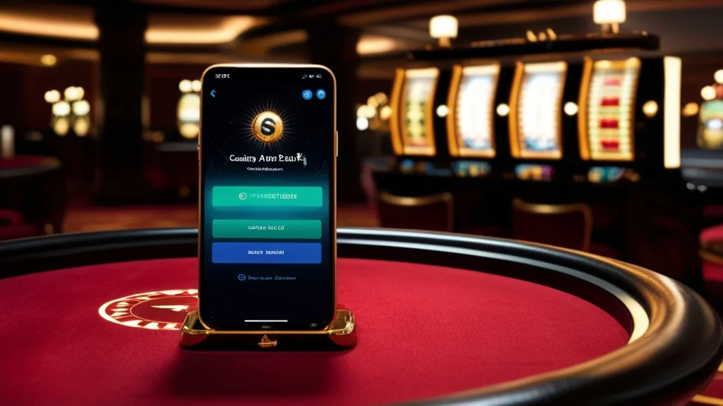 A phone showing a casino app download screen in a dark neon casino setting