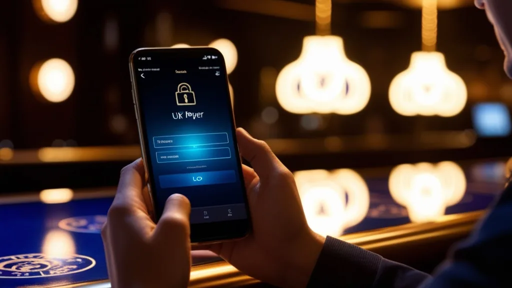A person logging into a casino app on a phone in a dark neon-lit setting