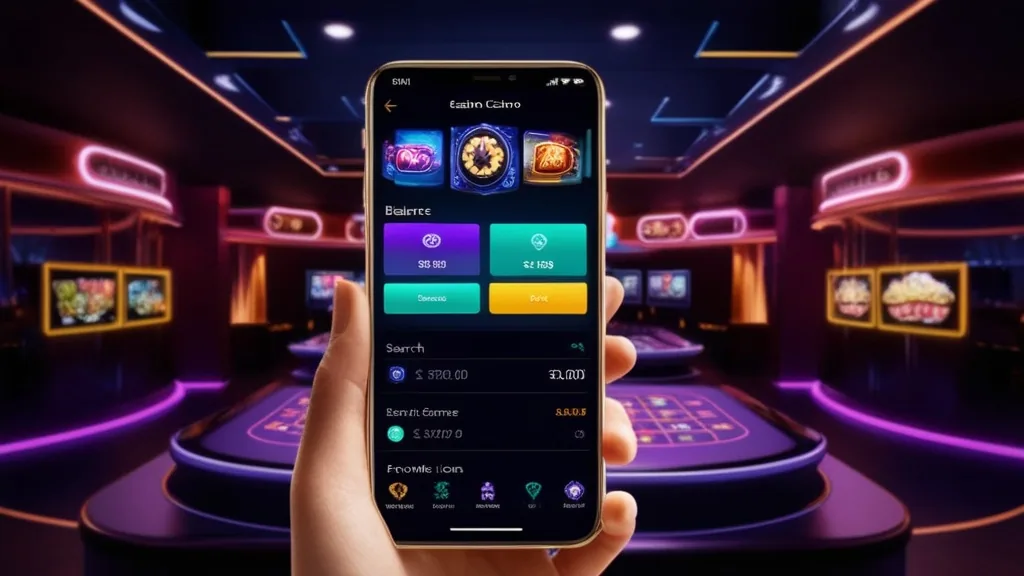 A phone displaying a casino app menu and game tiles in a dark casino setting